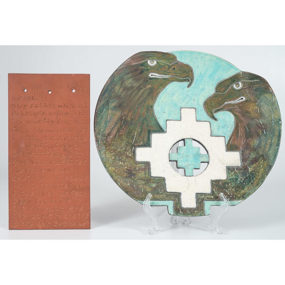 Jane Osti (Cherokee, 20th Century) Ceramic Plate, PLUS: Jane Osti (Cherokee, 20th Century) Ceramic Plate, PLUS lot of 2, includes ceramic plate by Jane Osti, depicts two eagles in colors of teal and black; height 1 in. x diameter 15 in., signed and dated o