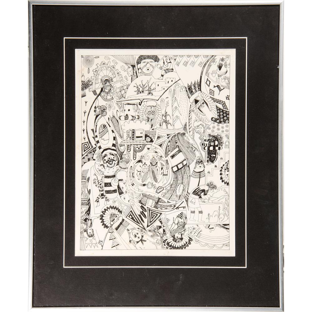 Pen and Ink Drawing on Paper: untitled, collage of katsinas unsigned (sight) 10.5 x 13.5 in.; (framed) 16.75 x 20.25 in. fourth quarter 20th century