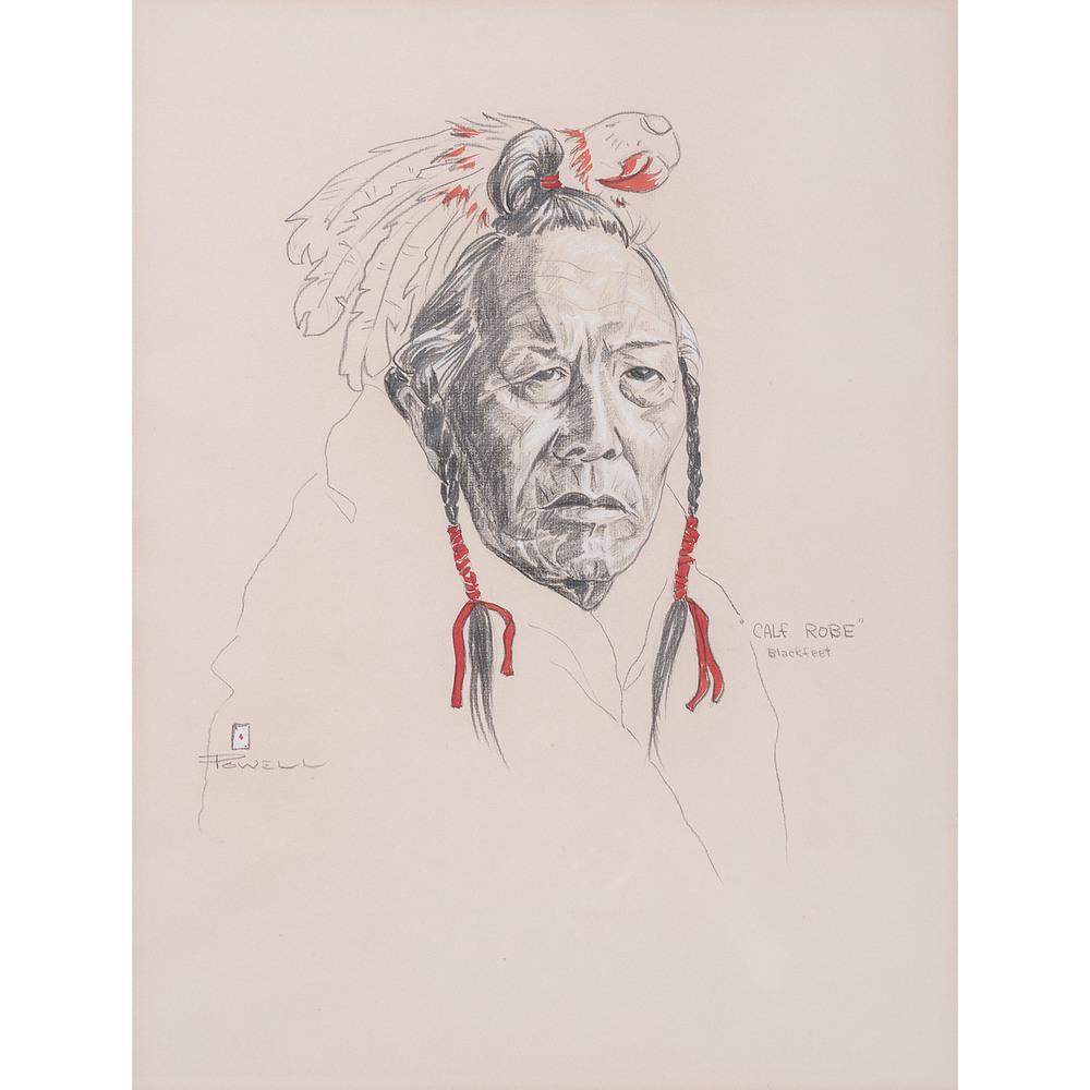 Ace Powell (American, 1912-1978) Charcoal Drawing: Ace Powell (American, 1912-1978) Charcoal Drawing "Calf Robe" Blackfeet signed lower left (sight) 14.75 x 20 in.; (framed) 24.5 x 29.5 in. n.d.