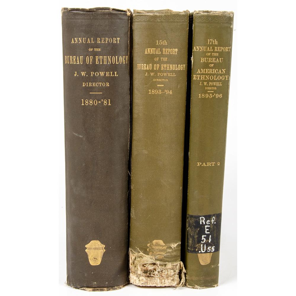 Annual Reports of the Bureau of Ethnology: Lot of 3 volumes. Second Annual Report of the Bureau of Ethnology to the Secretary of the Smithsonian Institution. 1880-81 by J.W. Powell. Washington: GPO, 1883. 477pp. Reports include linguistic fie