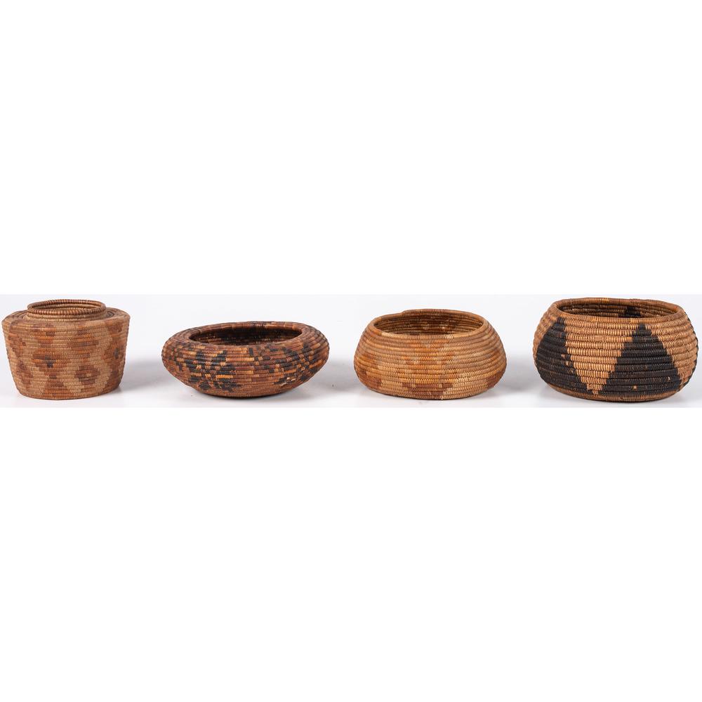 California Mission Polychrome Baskets, From the: California Mission Polychrome Baskets, From the Collection of Nick and Donna Norman, Colorado lot of 4, includes one with bottleneck, height 3.25 in. x diameter 5 in.; PLUS another oval-shaped basket,