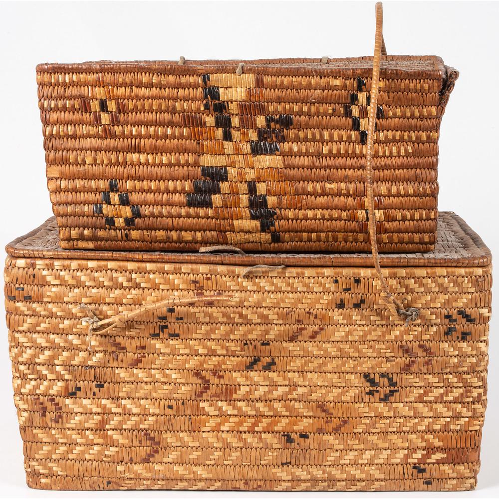 Salish Fully Imbricated Lidded Baskets: lot of 2, includes a large basket with black, red, and cream geometric pattern, height 9 in. x width 18 in. x depth 10 in.; AND basket with black and tan diamond designs, height 6.5 in. x width 15.5 i
