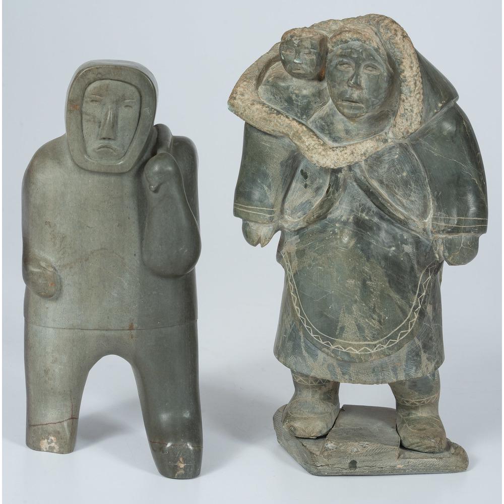 Inuit Stone Carvings, of a Fisherman and Mother and: Inuit Stone Carvings, of a Fisherman and Mother and Child lot of 2, both unsigned; includes a mother and child, height 10 in. x length 4 in. x width 3.25 in.; AND a fisherman, height 8.5 in. x length 