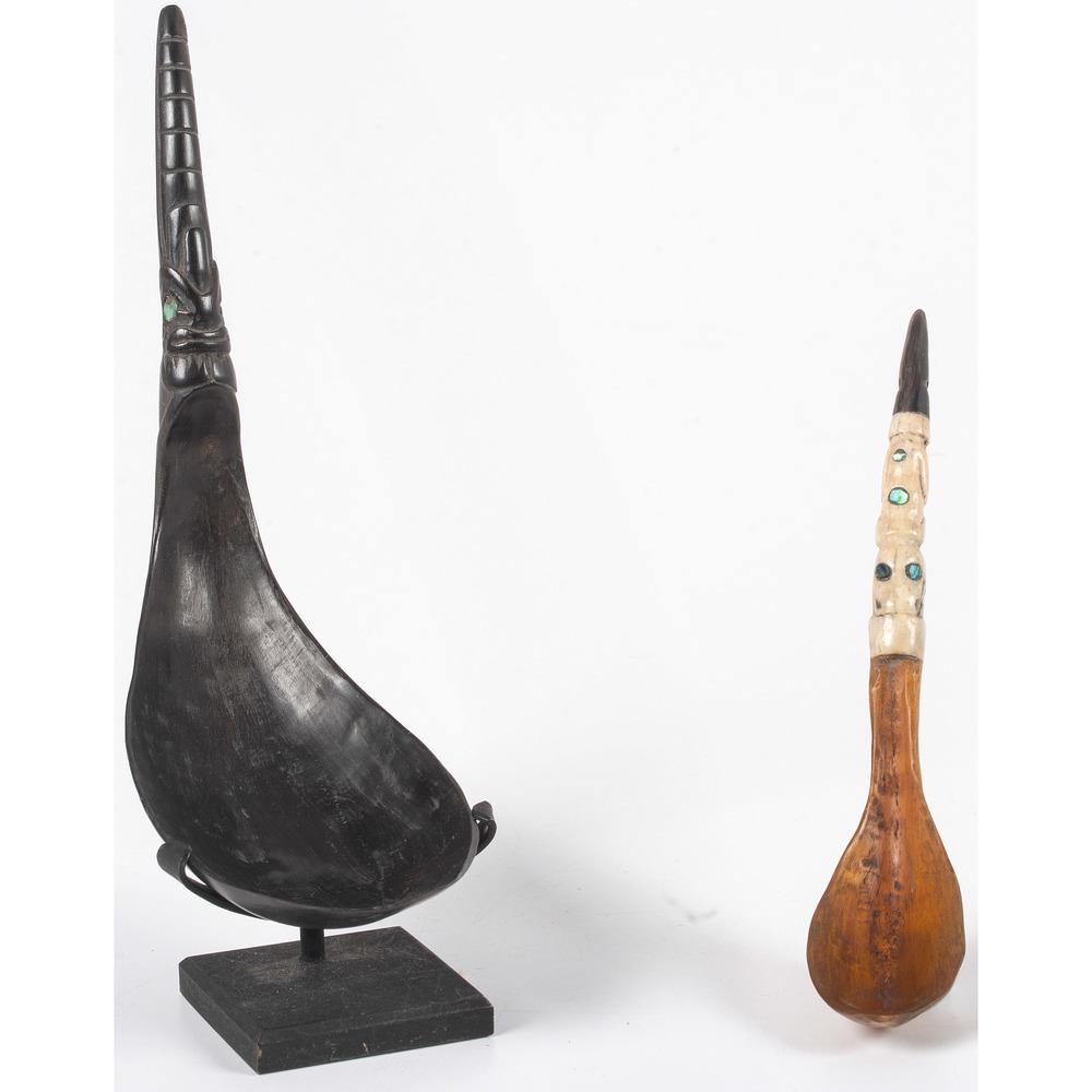 Northwest Coast Carved Horn Spoons, From the Stanley B.: Northwest Coast Carved Horn Spoons, From the Stanley B. Slocum Collection, Minnesota lot of two, includes one mountain goat horn spoon carved with an animal face having abalone eyes, length 7 in.; AND