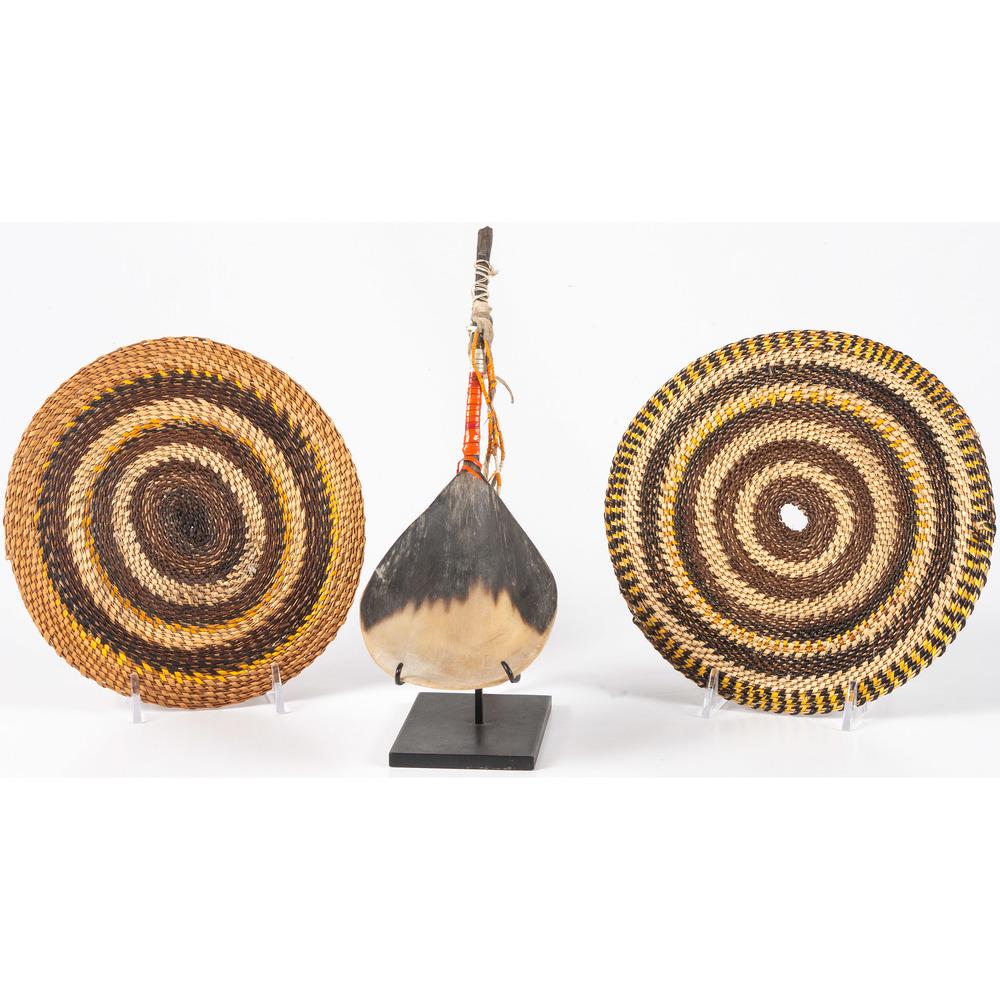 Plateau Horn Spoon with Quilled Handle, PLUS: Plateau Horn Spoon with Quilled Handle, PLUS spoon decorated with red, white, and orange dyed quills and having tin cone fringe, length 10.5 in.; PLUS two basketry trivets, largest diameter 7.25 in. s
