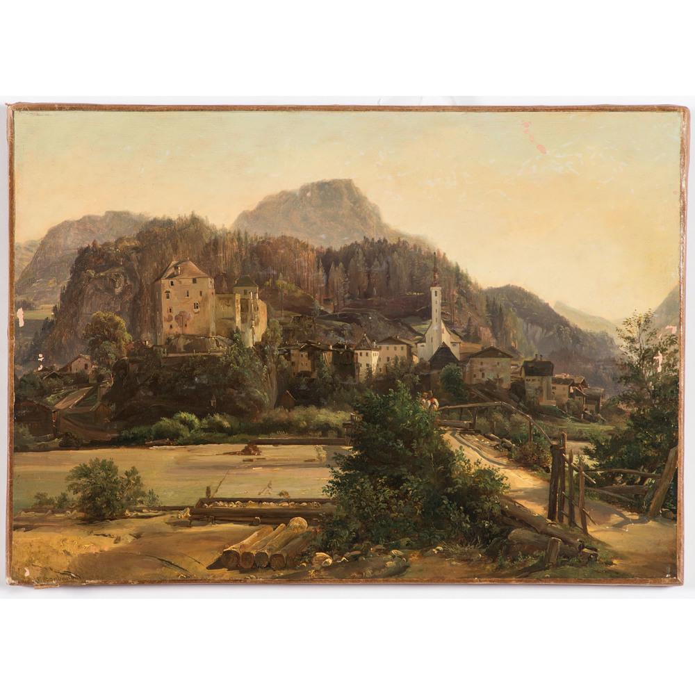 Franz Barbarini (Austrian, 1804-1873): A View of Golling, 1836 oil on canvas signed F. Barbarini and dated lower left inscribed Golling and with hand-written label on upper stretcher canvas: 11 x 15 3/4 inches. Golling an der Salzach is a