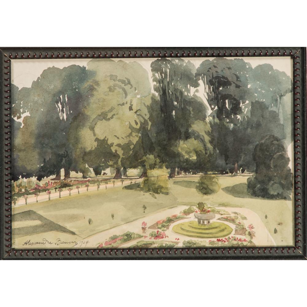 Alexandre Benois (Russian, 1870-1960): Park Landscape, 1927 watercolor on paper signed Alexandre Benois and dated lower left sight: 6 3/4 x 10 inches.
