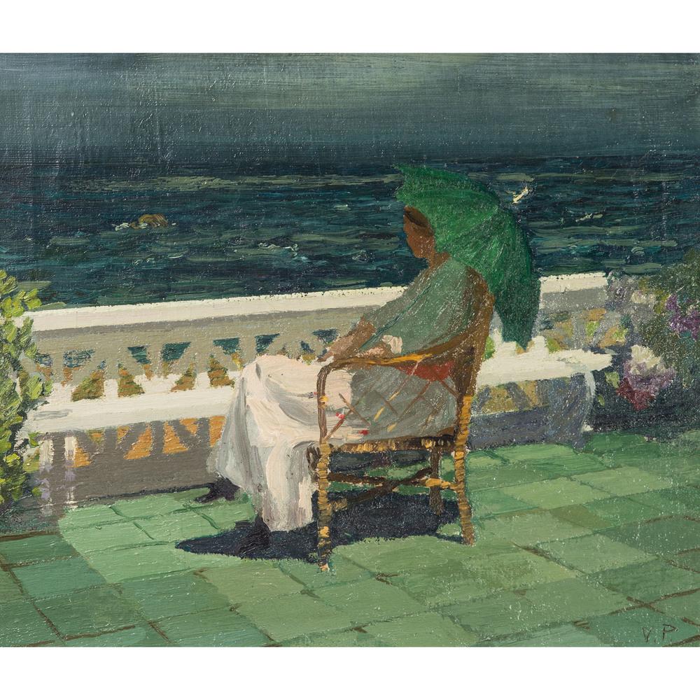 Van Dearing Perrine (American, 1869-1955): On the Veranda, Circa 1915-1920 oil on canvas initialed V. P. lower right with Mark Borghi and Miller Gallery labels sight: 21 1/2 x 25 1/2 inches.