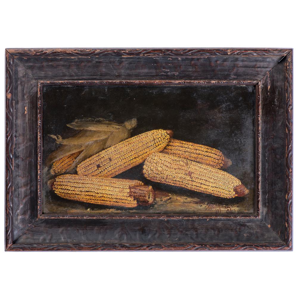 Alfred Montgomery (1857-1922): Still Life with Corn,Â late 19th-early 20th century oil on board signed A. Montgomery lower right sight: 10 1/4 x 16Â 3/4 inches. Â