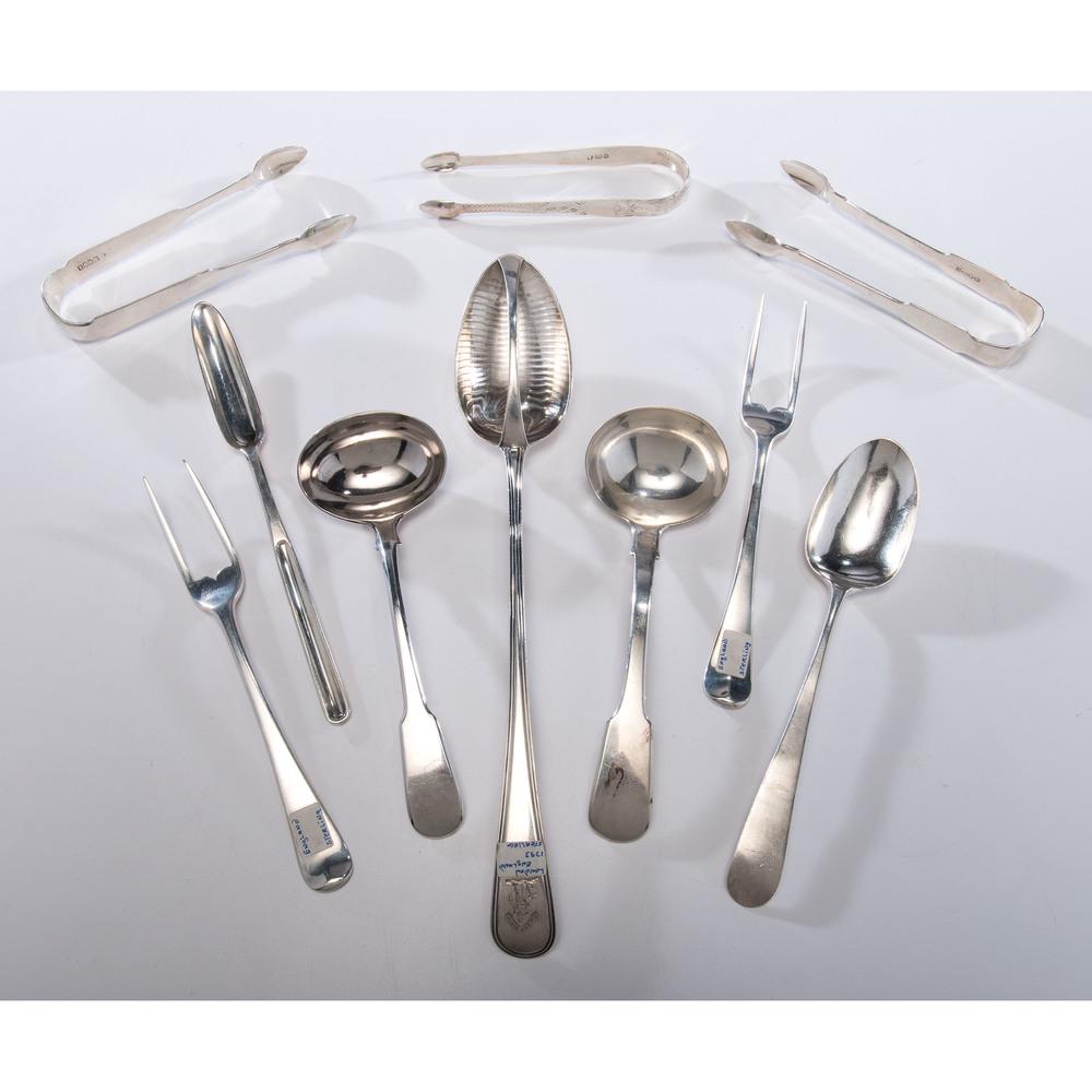 A Group of English Sterling Serving Flatware: A Group of English Sterling Serving Flatware 18th/19th Century ten pieces total, including a strainer spoon by George Smith III & William Fearn. 20.48ozt (637g). Length of spoon 12 1/4 inches.