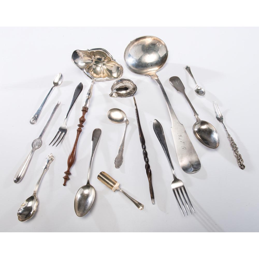 A Collection of American Coin Silver Flatware: A Collection of American Coin Silver Flatware 19th/20th Century sixty pieces of coin flatware, makers include William Kendrick, JB Jones, Hall & Elton, John C. Farr, Welsh & Payne, and many others. lo