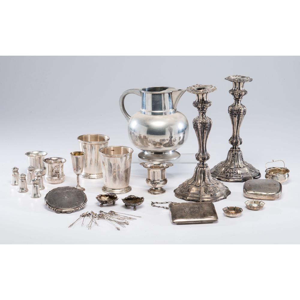 A Group of Silver Including Julep Cups, Salts,: A Group of Silver Including Julep Cups, Salts, Compacts, and Other Accessories 20th Century sixteen sterling tablewares. lot also includes an English pewter pitcher, two weighted silverplated candlest