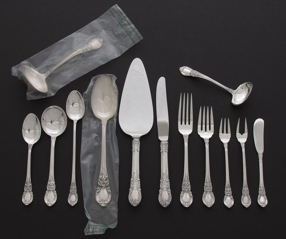 A Lunt Sterling Flatware Service for Eight, American: A Lunt Sterling Flatware Service for Eight, American Victorian Mid-20th Century seventy-four pieces including eight each dinner forks, dinner knives with stainless blades, salad forks, and teaspoons,