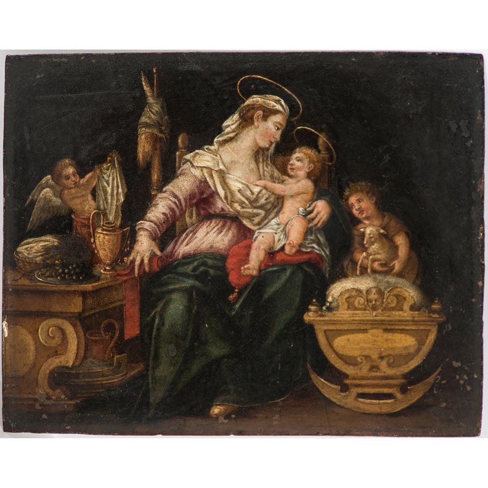 A Continental Madonna and Child Scene, Likely 18th: A Continental Madonna and Child Scene, Likely 18th Century oil on tin sheet: 7 1/4 x 5 3/4 inches.