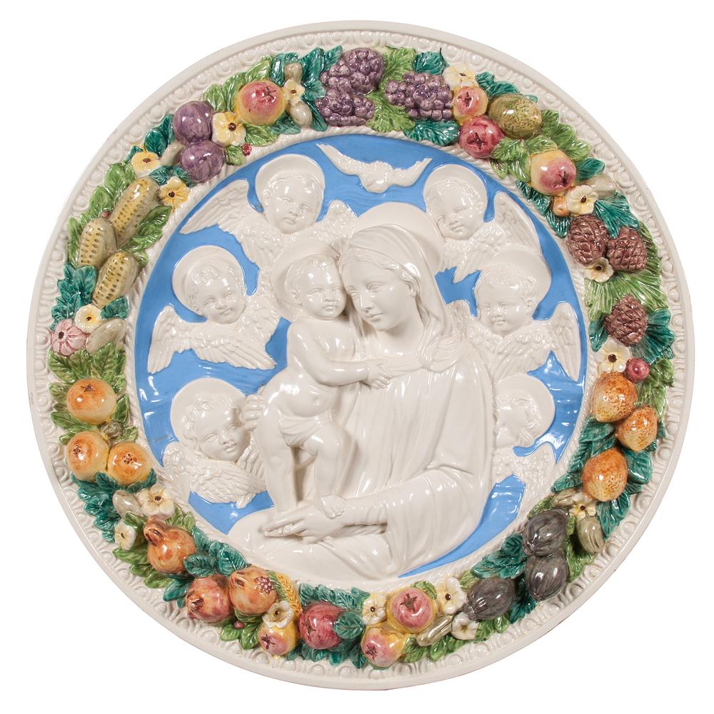 A Della Robbia Madonna and Child Ceramic Roundel: A Della Robbia Madonna and Child Ceramic Roundel Italian, 20th Century marked Conti E Italy on verso. Diameter 25 x depth 3 1/4 inches.