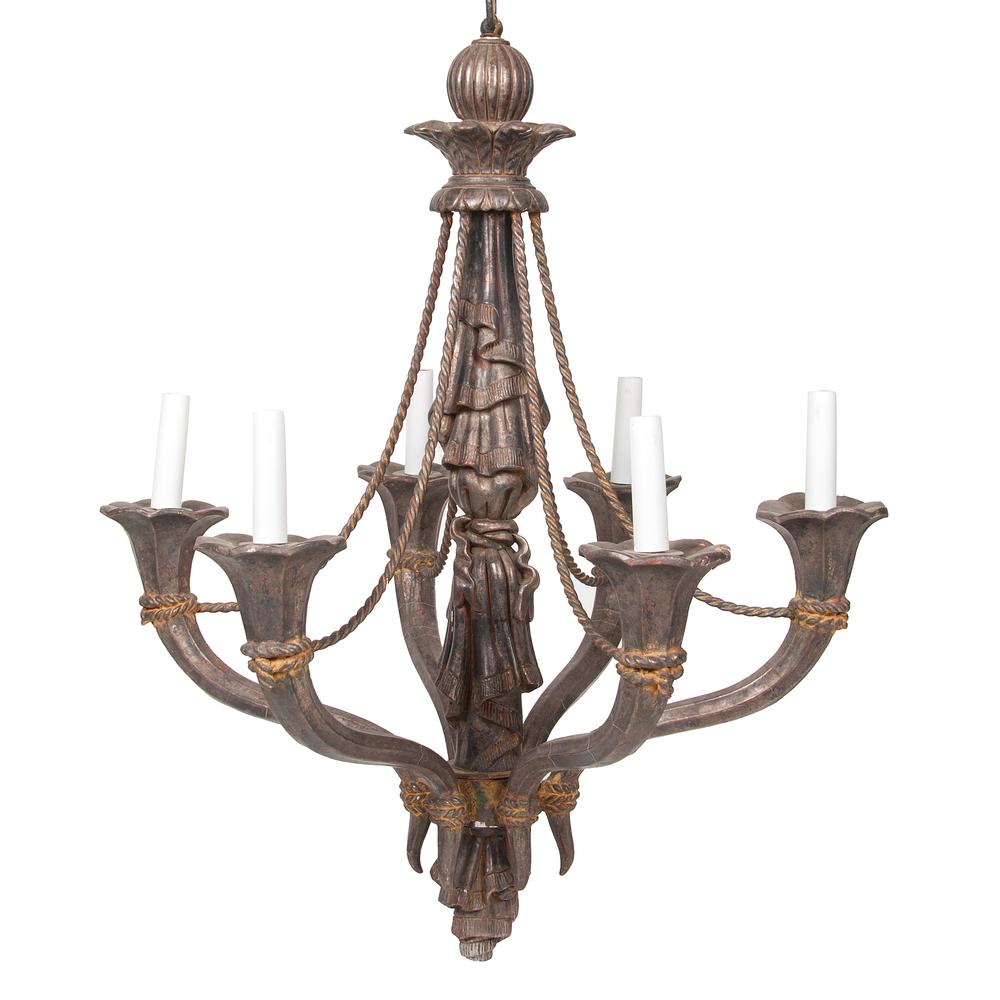 A Roberto Giovannini Chandelier in the Neoclassical: A Roberto Giovannini Chandelier in the Neoclassical Style Italian, 21st Century wooden carved six-light electric chandelier. Height 32 1/2 x diameter 26 inches.