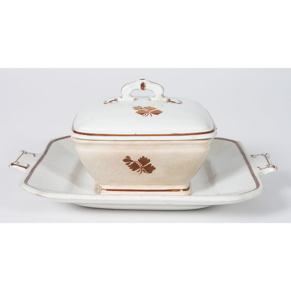 A Wedgwood Ironstone Covered Dish & Undertray from the: A Wedgwood Ironstone Covered Dish & Undertray from the Calhoun Family 19th Century bowl and tray with stamp mark. purportedly once belonged to Mrs. John C. Calhoun. Length of tray 10 x width 8 5/8 inc