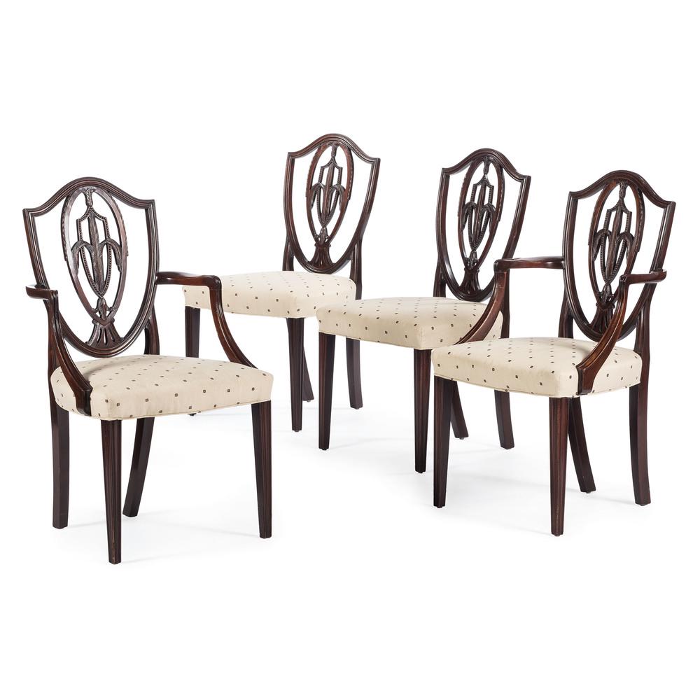 Eight Hepplewhite-style Shield Back Chairs in Mahogany: Eight Hepplewhite-style Shield Back Chairs in Mahogany English, 19th Century includes two arm chairs and six side chairs. Height of each 38 inches.