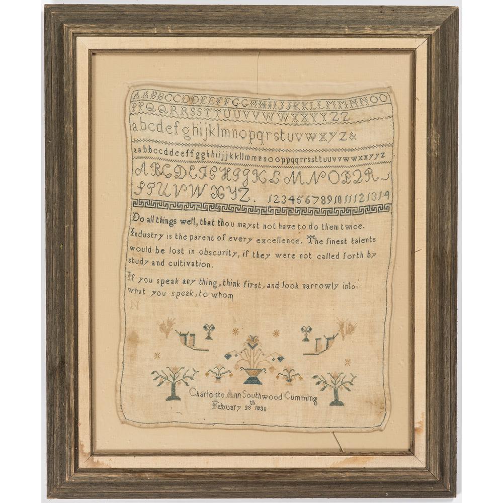 A Pair of Framed British Samplers: A Pair of Framed British Samplers 19th Century one signed Susannah Cuming 1822 and the other Charlotte Ann Southwood Cumming 1838. Sight of larger 16 3/4 x 13 1/4 inches.