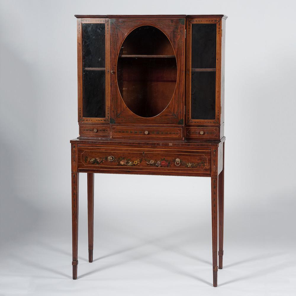 An Edwardian Satinwood Veneered Ladies Writing Desk: An Edwardian Satinwood Veneered Ladies Writing Desk 20th Century stamped Made in England on back. Height 64 x width 36 x depth 16 inches.