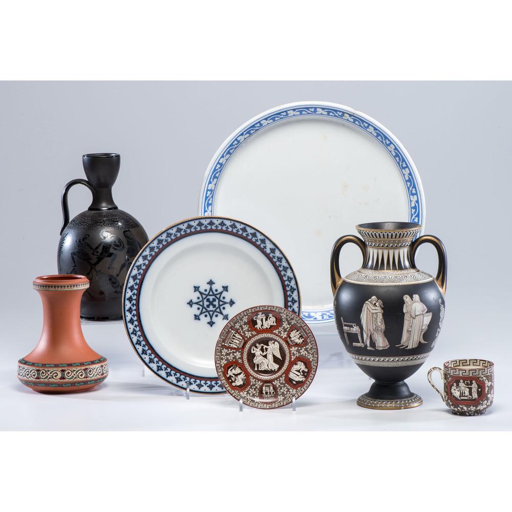 A Group of English Gothic and Greek Style Pottery: A Group of English Gothic and Greek Style Pottery 19th Century including a Pugin-designed plate and tazza, an Alcock Hill Pottery facsimile jug after an ancient Greek piece, an F. & R. Pratt & Co. 
