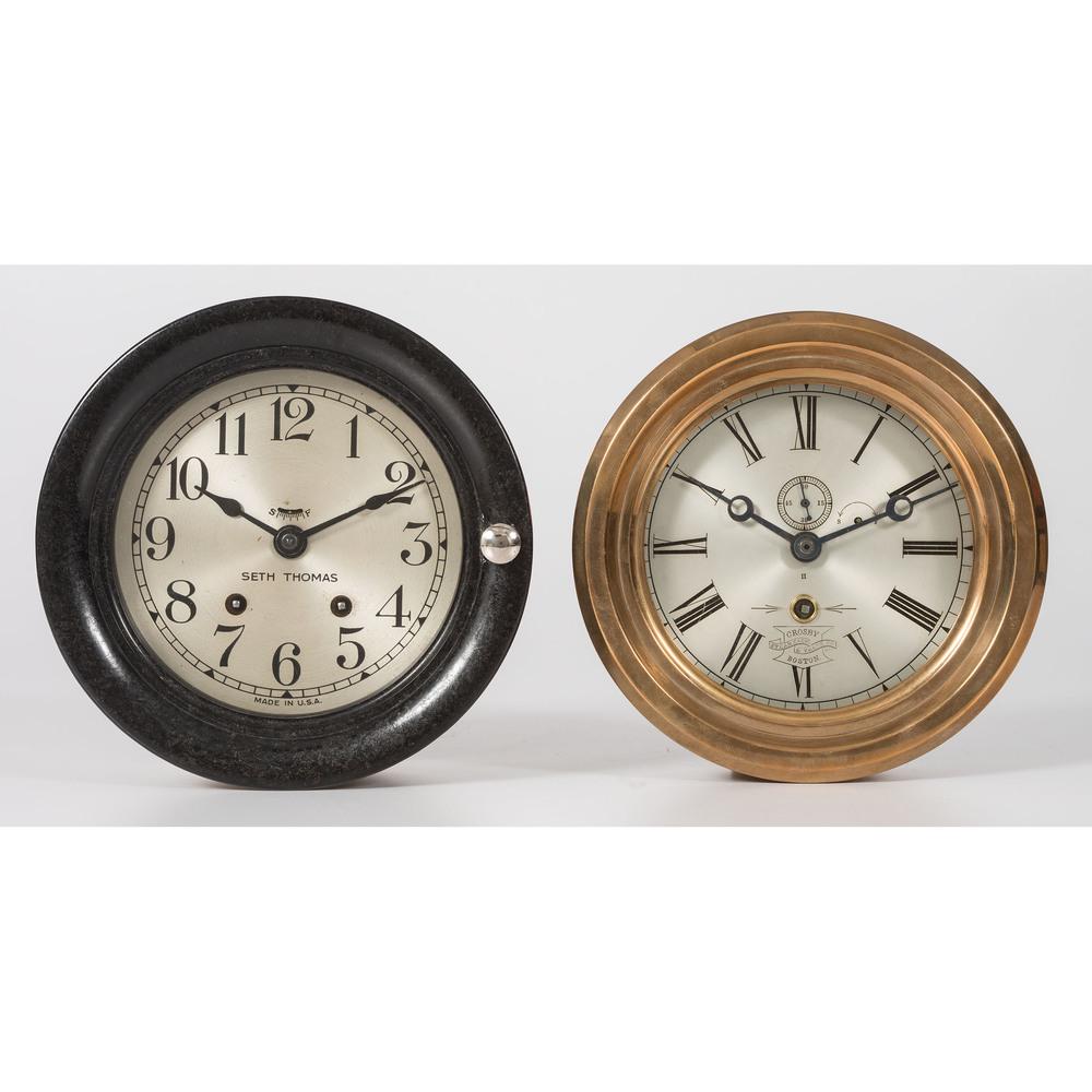 Two Ships Bell Clocks by Crosby and Seth Thomas: Two Ships Bell Clocks by Crosby and Seth Thomas Early 20th Century Diameter of larger 8 inches.