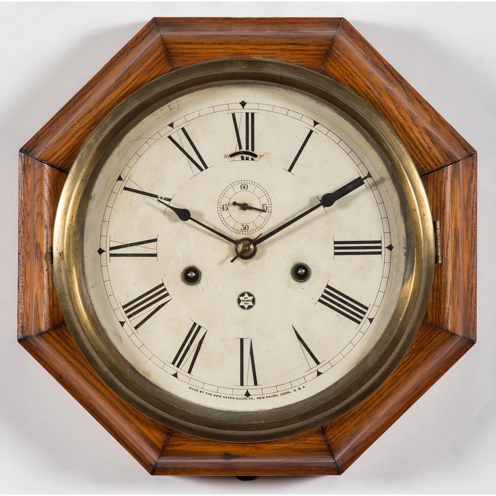 Three Octagonal Gallery Clocks: Three Octagonal Gallery Clocks Early 20th Century including E.N. Welch, and New Haven Clock Co. Height of largest 11 x width 11 inches.