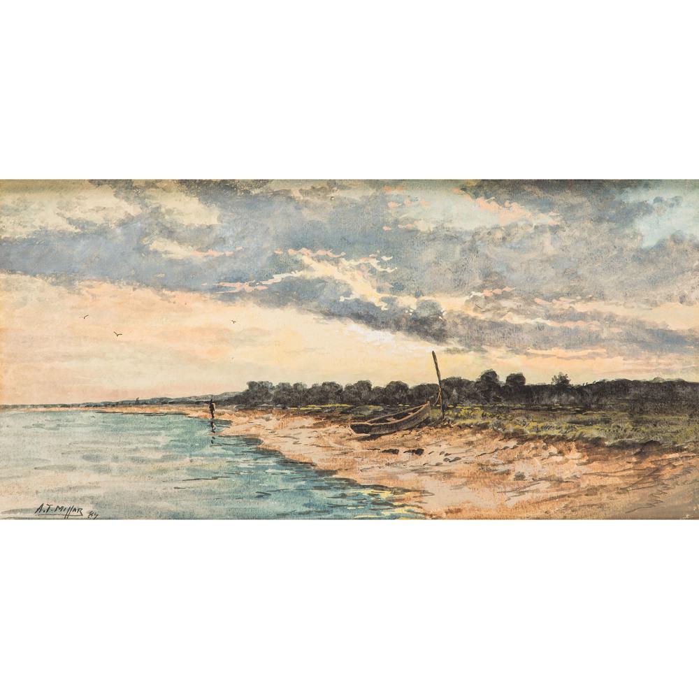 Addison Thomas Millar (American, 1860-1913): Addison Thomas Millar (American, 1860-1913) Shore Scene, 1884 watercolor on paper signed A.T. Millar and dated lower left sight: 5 1/2 x 11 1/2 inches.