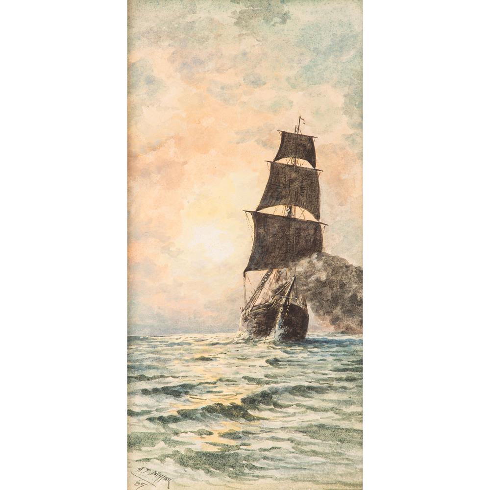 Addison Thomas Millar (American, 1860-1913): Addison Thomas Millar (American, 1860-1913) Seascape, 1885 watercolor on paper signed A.T. Millar and dated lower left sight: 11 1/2 x 5 3/4 inches.
