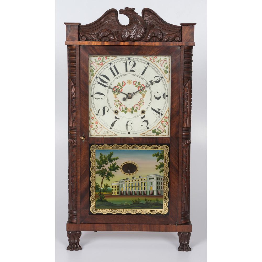 An Eli Terry Carved and Reverse-Painted Mantel Clock: An Eli Terry Carved and Reverse-Painted Mantel Clock 19th Century with replaced glass panel signed Moberg. 32 x width 17 inches.Â