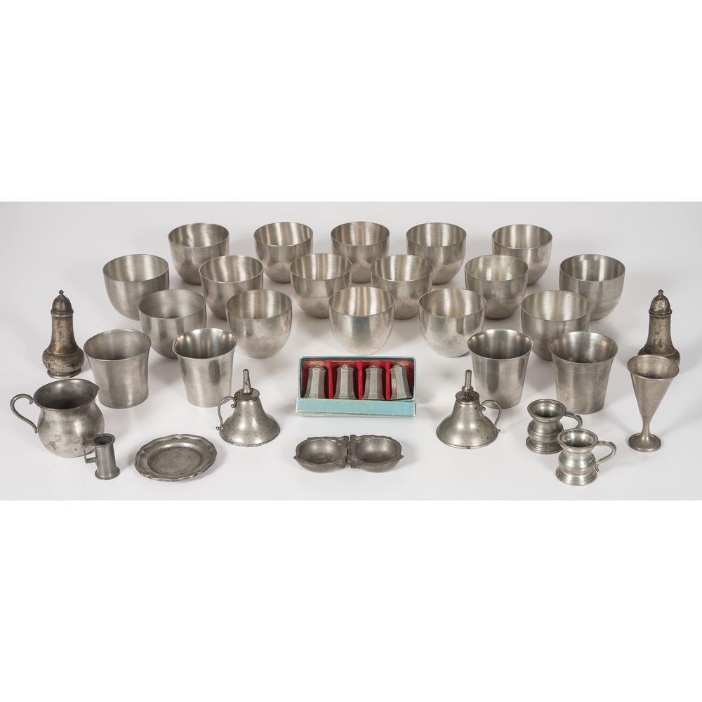 A Group of Pewter Jefferson Cups and Other Pewter: A Group of Pewter Jefferson Cups and Other Pewter 19th/20th Century twenty cups in total. lot also includes fifteen other pieces of pewter tableware. Height of largest 3 7/8 inches.