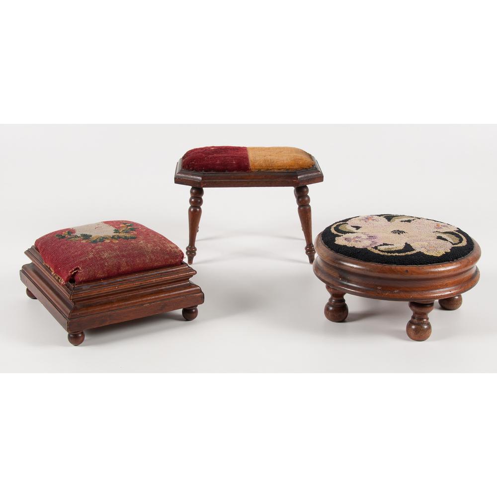 Three Miniature Footstools with Upholstered Seats: Three Miniature Footstools with Upholstered Seats one with velvet, one with needlework and one with hooked upholstery. Height of tallest 8 x width 10 1/2 x depth 7 1/2 inches.