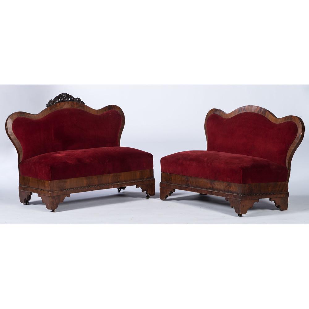Two Victorian Loveseats: Two Victorian Loveseats 19th Century Each height 36 x width 42 x depth 20 inches.