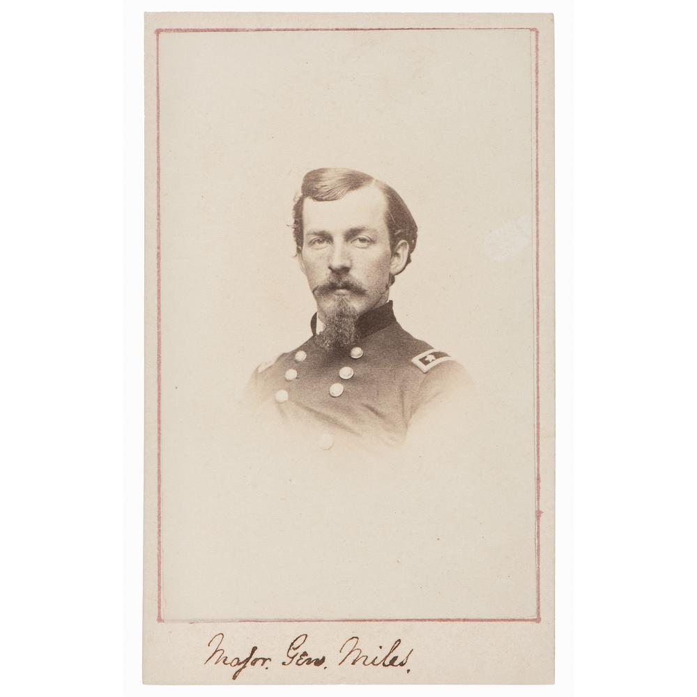 CDV of Nelson Miles as Major General: CDV of Nelson Miles as Major General CDV vignetted bust portrait of Nelson Miles as major general. Allen: Boston, MA, n.d. Identified on mount, with two-cent revenue stamp on verso. Nelson A. Miles (
