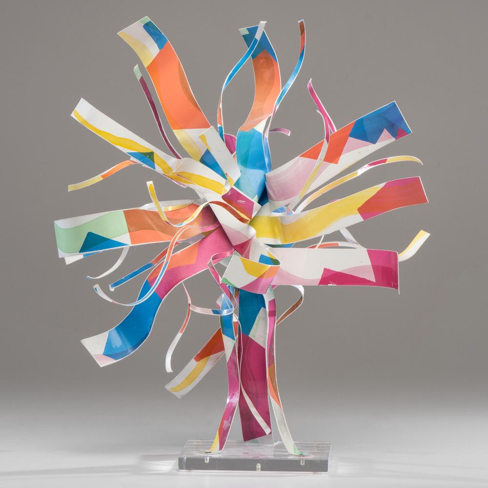 Dorothy Gillespie (American, 1920-2012): Dorothy Gillespie (American, 1920-2012) Untitled enameled metal on lucite base signed on base Height with base 17 x width of base 5 1/2 x depth 5 1/2 inches.