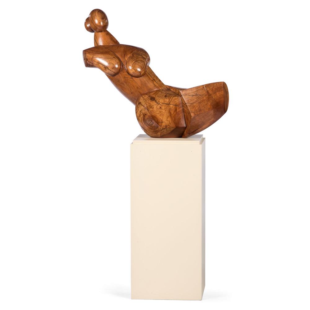 Wolfgang Behl (American, 1918-1994): Wolfgang Behl (American, 1918-1994) Nude Female Sculpture carved wood with custom pedestal signed WB and dated 79 on base of sculpture Height of sculpture 30 x length 32 x depth 12 inches; Height of p