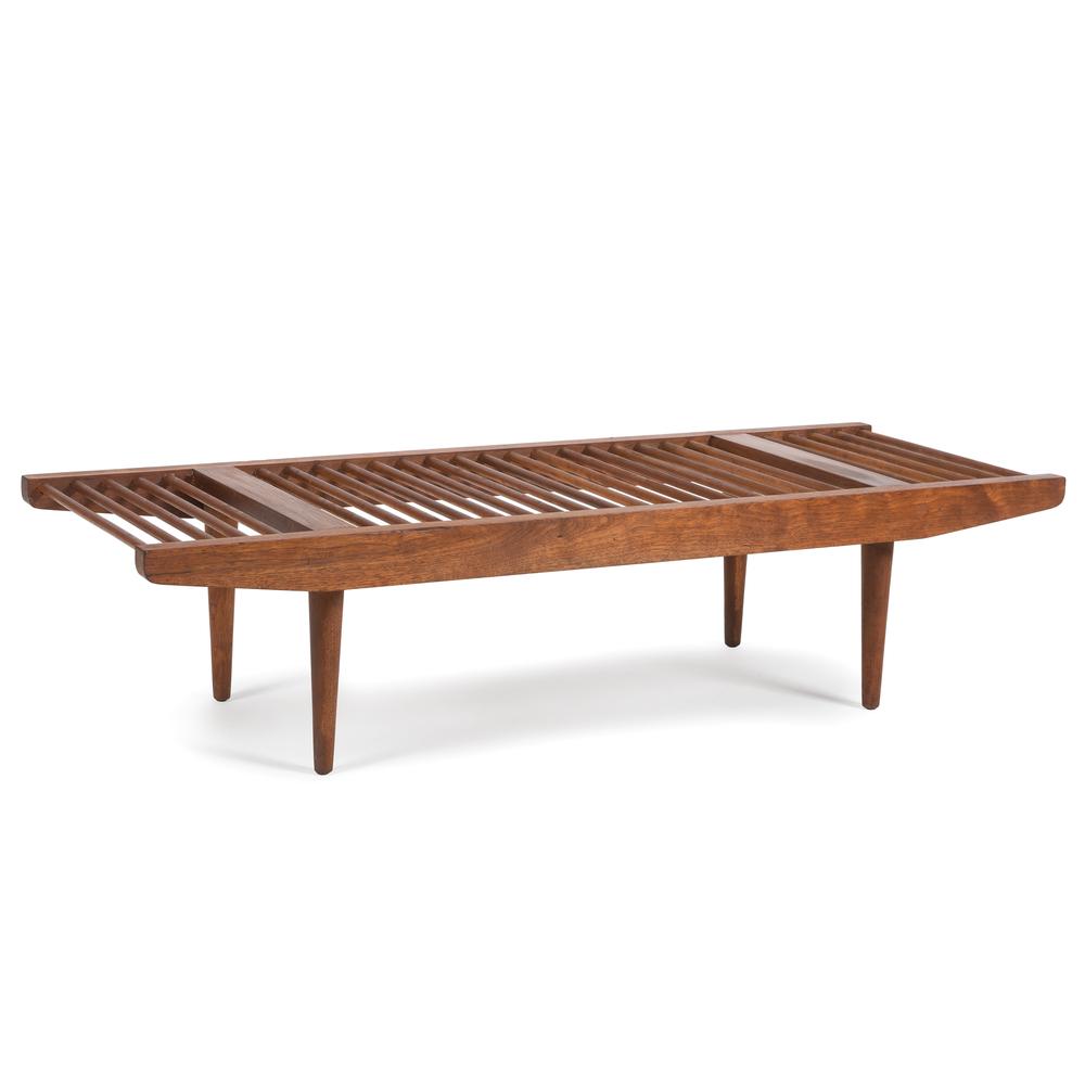 A Milo Baughman Slat Bench: A Milo Baughman Slat Bench American, Mid 20th Century walnut unmarked Height 11 1/2 x length 48 x depth 18 inches.