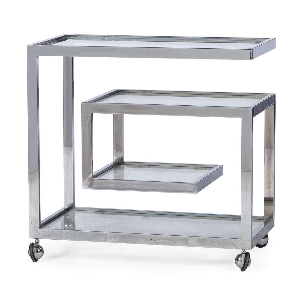 A Mid-Century-Modern Glass and Chrome Bar Cart: A Mid-Century-Modern Glass and Chrome Bar Cart American, 20th Century three-tier cart on castors Height 31 x width 32 x depth 18 inches.