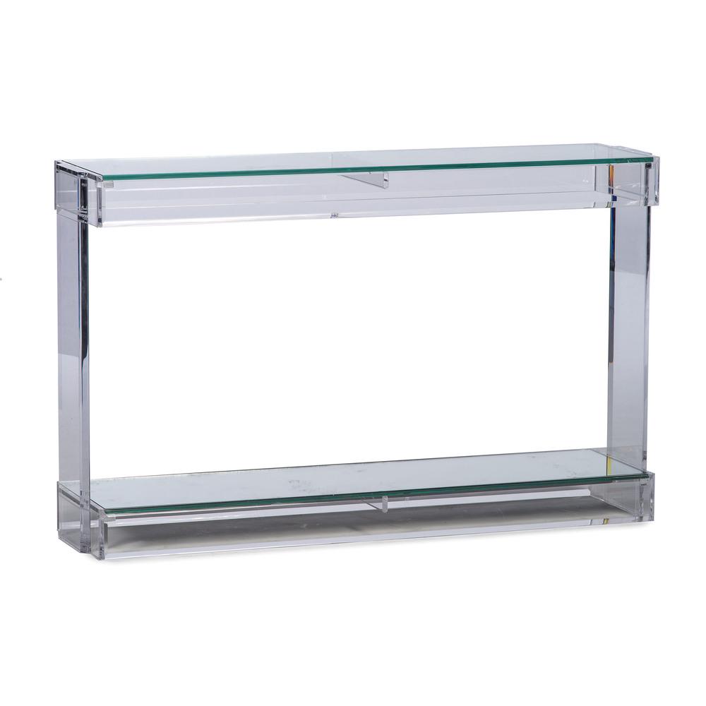 A Modern Lucite and Mirror Two-Tier Console: A Modern Lucite and Mirror Two-Tier Console American, 20th Century Height 30 x width 48 x depth 12 inches.