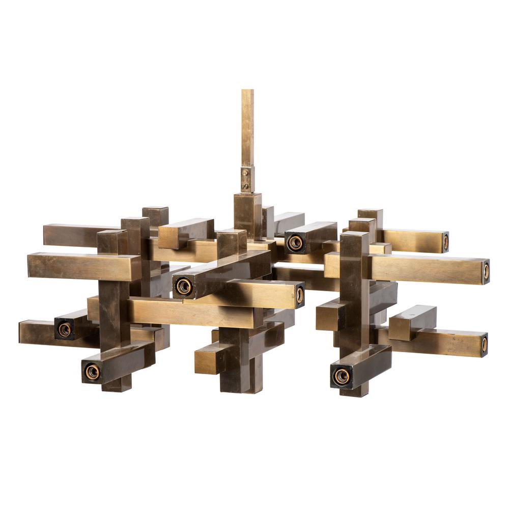 A Gaetano Sciolari Cubist Chandelier: A Gaetano Sciolari Cubist Chandelier Italian, 1970s brushed bronzed metal with Sciolari label to canopy Height 32 x width 32 x depth 32 inches.