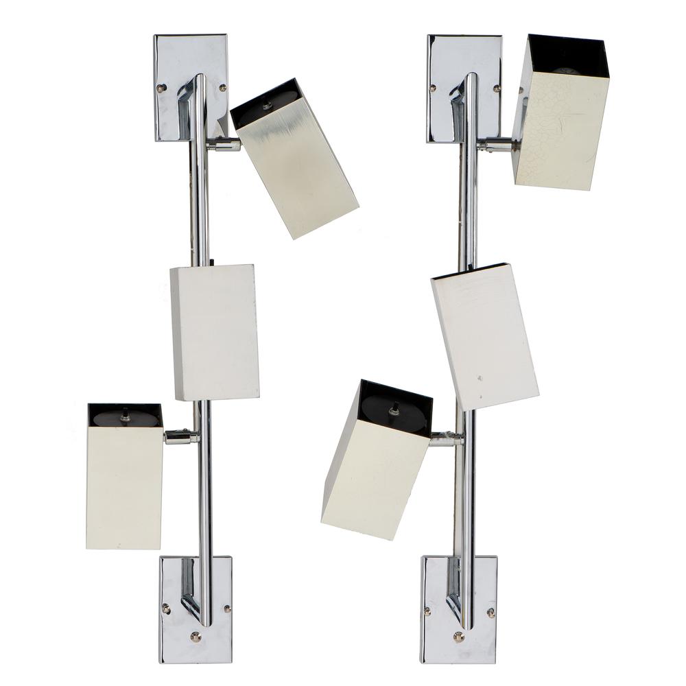 A Pair of Koch & Lowy Chrome Three-Light Wall Fixtures: A Pair of Koch & Lowy Chrome Three-Light Wall Fixtures American, Mid 20th Century each with three lights and two wall mounting plates unmarked Height 35 inches (each).
