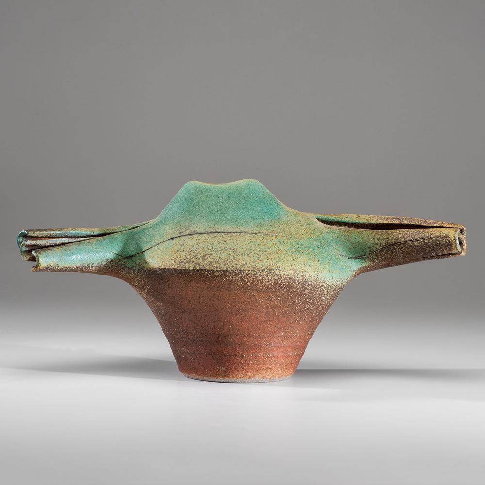Karen Karnes (American, 1925-2016): Karen Karnes (American, 1925-2016) Winged Vessel stoneware artist stamp on foot Height 9 x length 21 x width 11 inches.