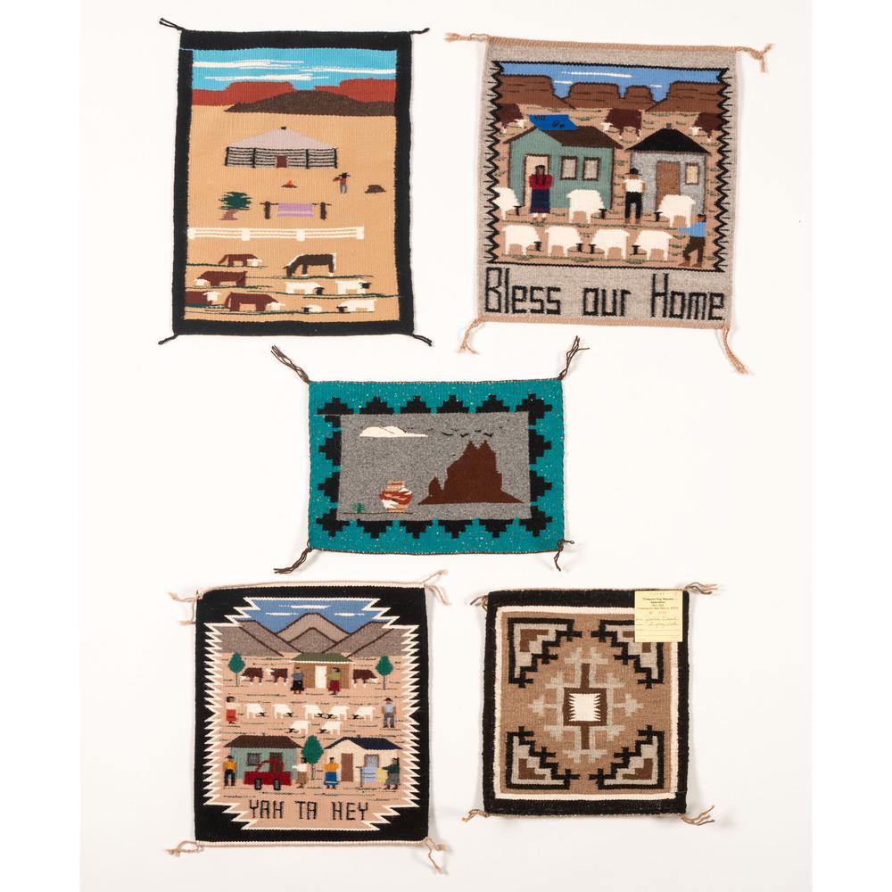 Navajo Pictorial Weaving Samplers/ Rug: lot of 5, includes a Two Grey Hills by Julia Enoah, 14.75 x 13 in.; PLUS one which reads "Bless our Home", 18 x 16.25 in.; PLUS another which reads "Yah Ta Hey", 17 x 14.75 in.; PLUS one which depicts
