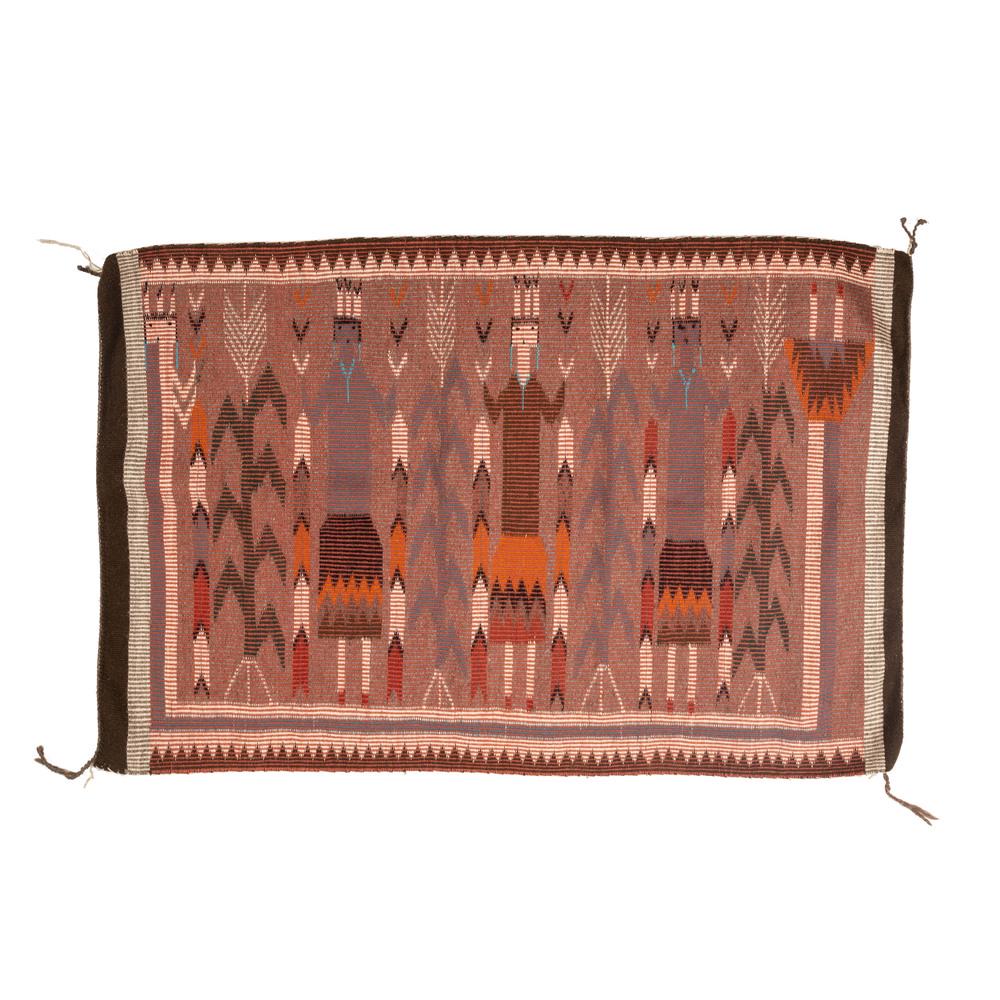 Navajo Twill Yei Weaving / Rug: woven with three Yei, a Rainbow Guardian, and corn stalks; 46 x 31 in. late 20th century