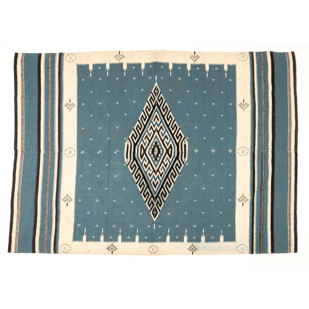 Mexican Blanket / Rug: woven in blue, cream, and black; diamond center, 72 x 51.5 in. second quarter 20th century