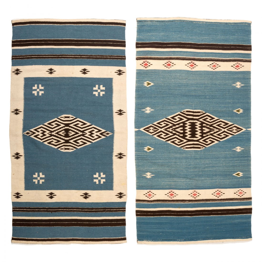 Mexican Blankets / Rugs: lot of 2, both woven in blue, cream, and black; with diamond centers, 54 x 28.5 in. second quarter 20th century