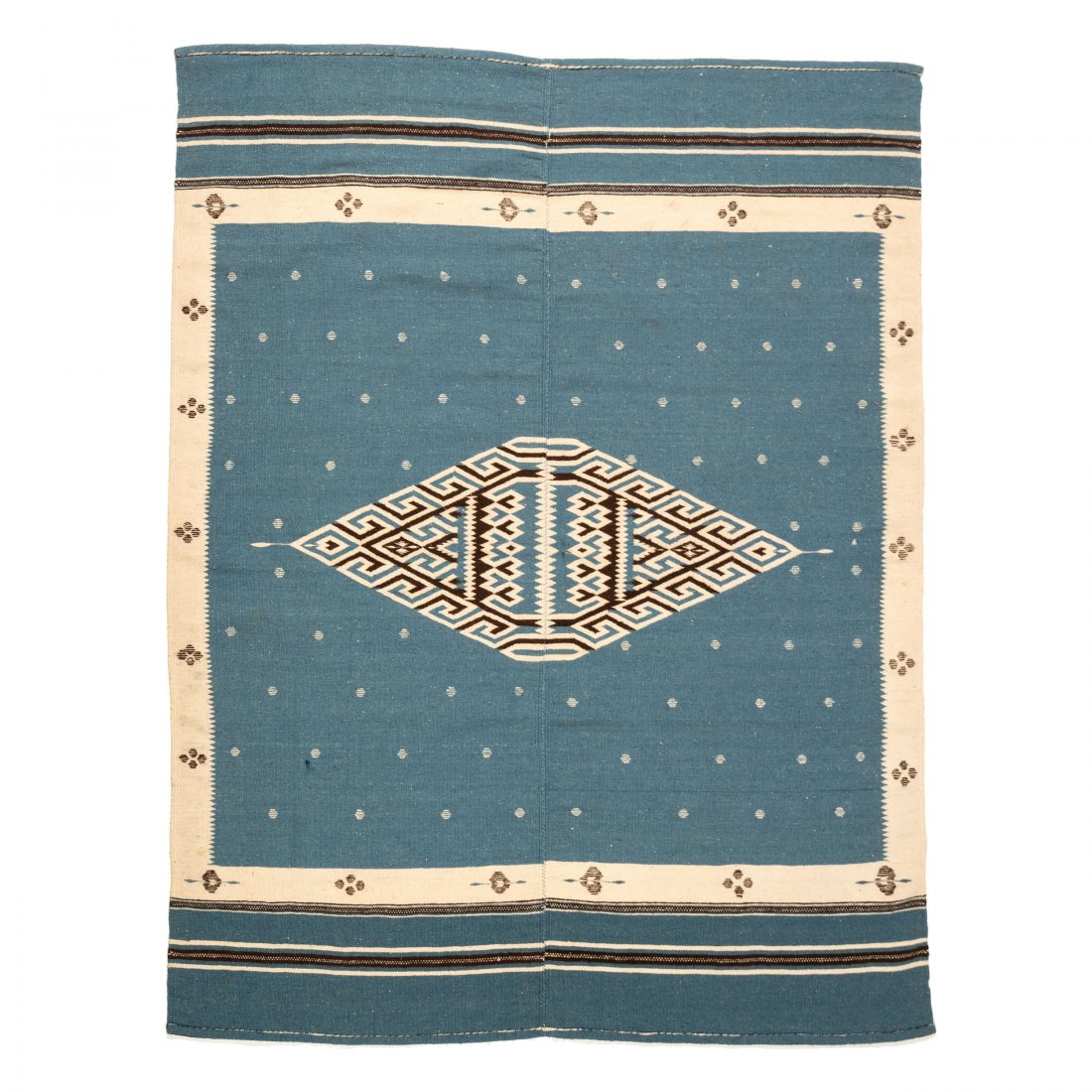 Mexican Blanket / Rug: woven in blue, white, and black; diamond center 71 x 56 in. second quarter 20th century