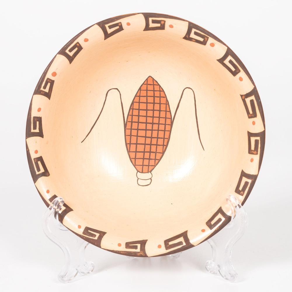 Fannie L. Polacca Nampeyo (Hopi, 20th century) *AMENDED: *AMENDED TITLE* Fannie L. Polacca Nampeyo (Hopi, 1900-1987) Pottery Bowl with an ear of corn painted on interior; a band of geometrics and winged elements on exterior; signed on base, height 2 in. x d