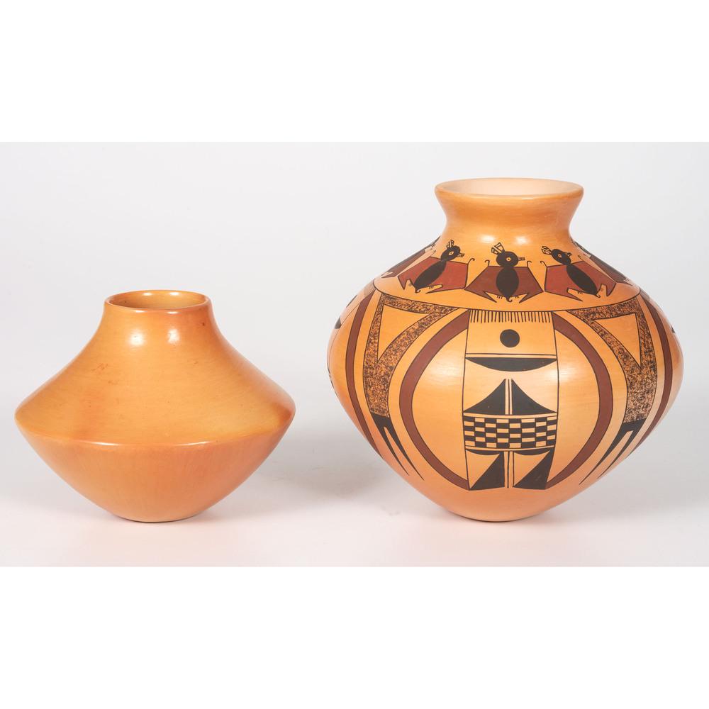 Mark Tahbo (Hopi, b. 1958) Pottery Vase, PLUS: lot of 2, includes an elegant vase by Mark Tahbo; undecorated and with a high polish, height 4.25 in. x diameter 5.5 in.; AND a vase by Dorothy Ami painted with bats around shoulder, height 6.5 in. x 