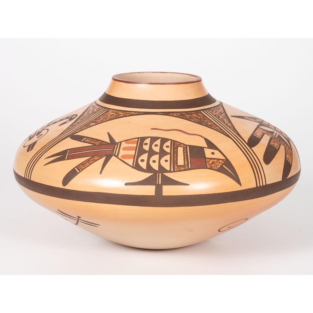 Dee Stella (Hopi, 20th century) Pottery Jar: large seed jar painted with vignettes of birds around shoulder; dragonflies are placed near the base, signed, height 7.75 in. x diameter 13 in.